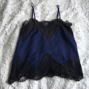 Silk, navy tank with black lace